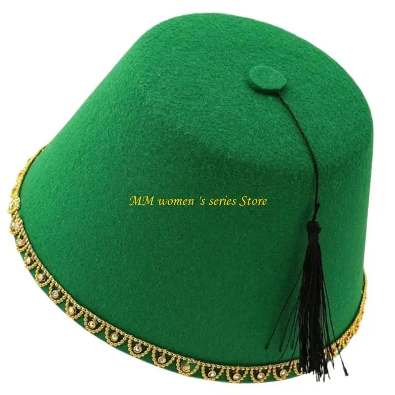 Q39C Men’s Fez Caps Moroccan Ottoman Fez Hat Turkish Hat Black Tassels Tarboosh Hat