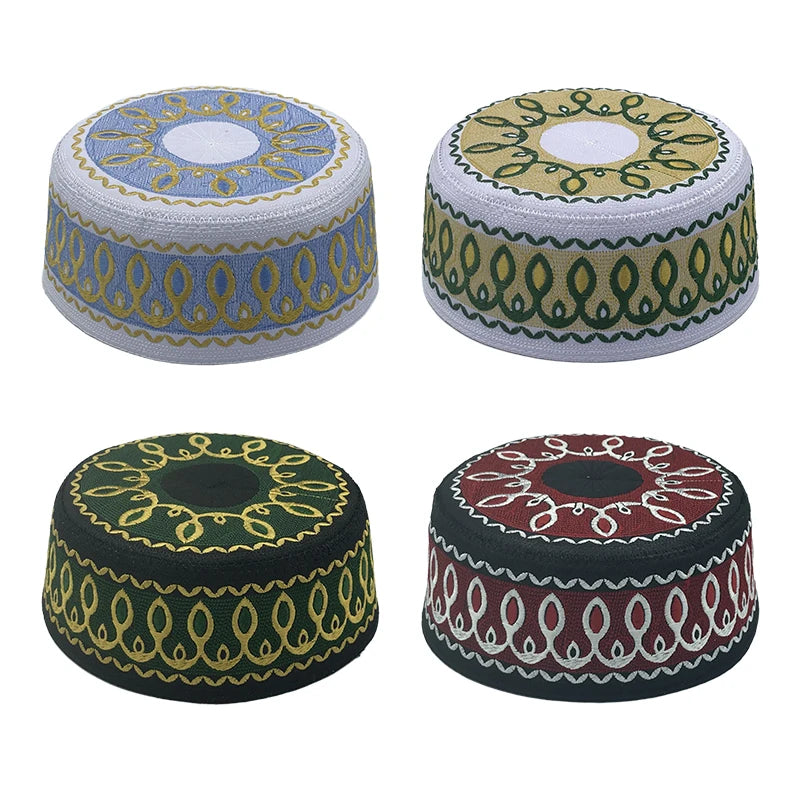 Fashion Embroidery Muslim Hat Men Prayer Worship Hats Casual Wedding Party Saudi Arabia Islamic Turban Cap 54-59 Flat-top Hat