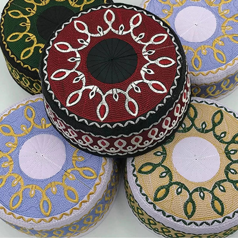 Fashion Embroidery Muslim Hat Men Prayer Worship Hats Casual Wedding Party Saudi Arabia Islamic Turban Cap 54-59 Flat-top Hat