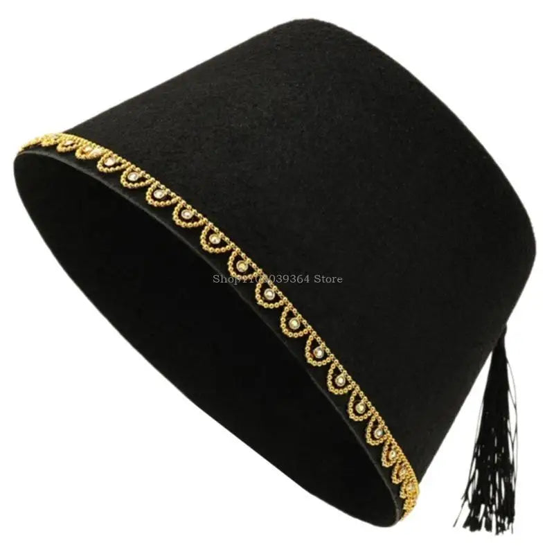 Men’s Moroccan Fez Hat Beaded Trim Turkish Hat Ottoman Tarboosh Hat with Black Tassels Ethnic Turkish Hat for Daily Wear