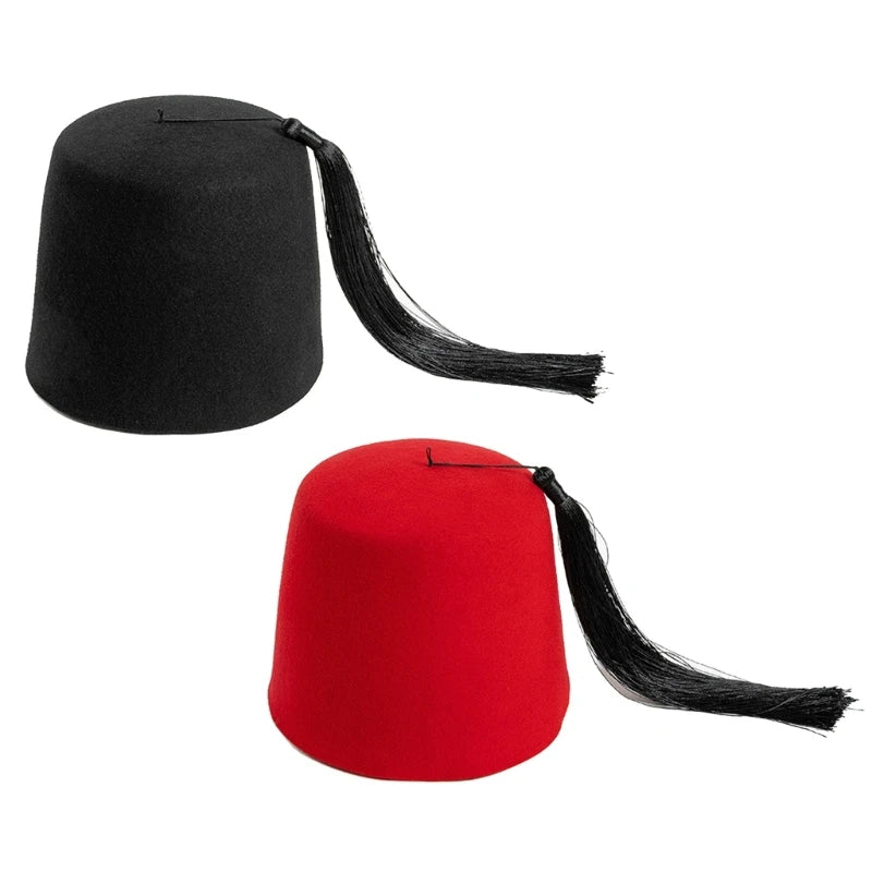 Turkish Shriner Fez Hat Felt, Arabian Moroccan Costume Tassels Turkey Tradition Ethnic Ottoman Felt Caps