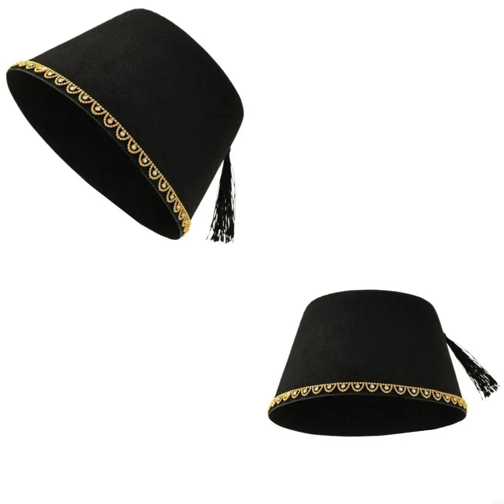 Men’s Moroccan Fez Hat Beaded Trim Turkish Hat Ottoman Tarboosh Hat with Black Tassels Ethnic Turkish Hat for Daily Wear