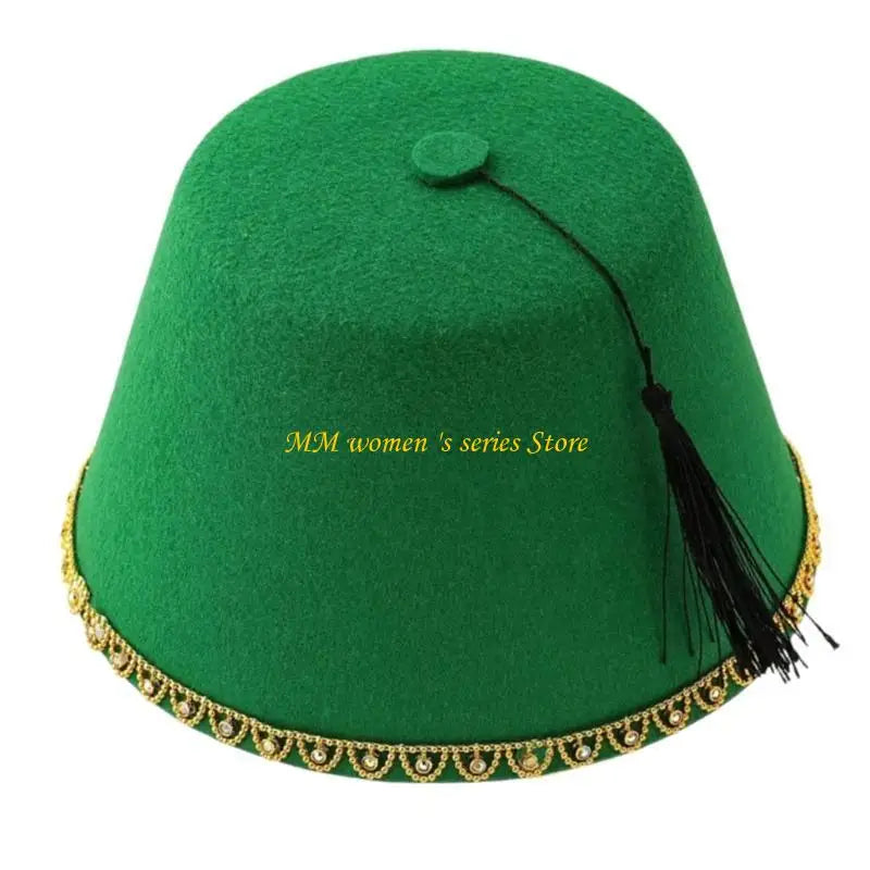Q39C Men’s Fez Caps Moroccan Ottoman Fez Hat Turkish Hat Black Tassels Tarboosh Hat