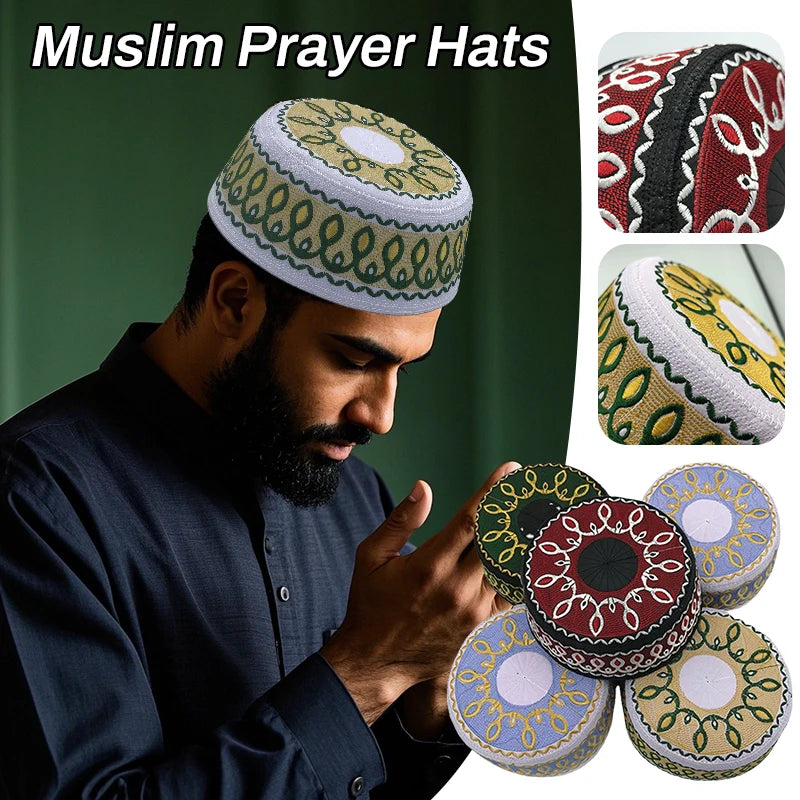 Fashion Embroidery Muslim Hat Men Prayer Worship Hats Casual Wedding Party Saudi Arabia Islamic Turban Cap 54-59 Flat-top Hat