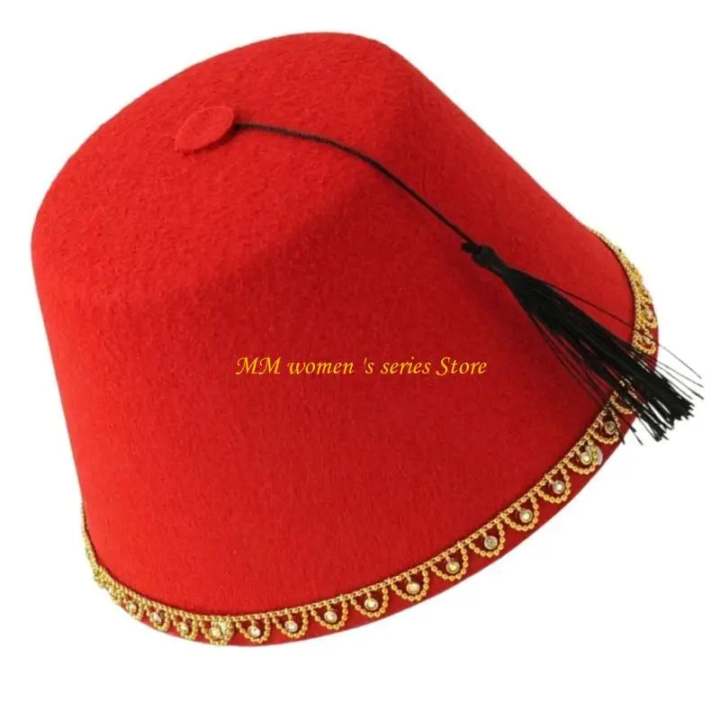 Q39C Men’s Fez Caps Moroccan Ottoman Fez Hat Turkish Hat Black Tassels Tarboosh Hat