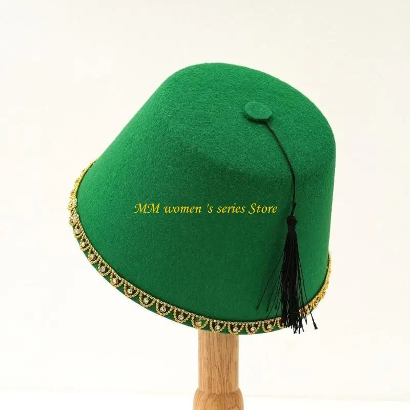 Q39C Men’s Fez Caps Moroccan Ottoman Fez Hat Turkish Hat Black Tassels Tarboosh Hat