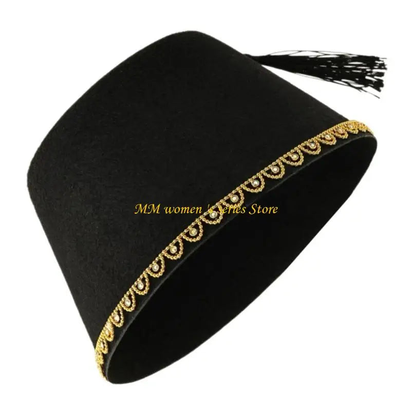 Q39C Men’s Fez Caps Moroccan Ottoman Fez Hat Turkish Hat Black Tassels Tarboosh Hat