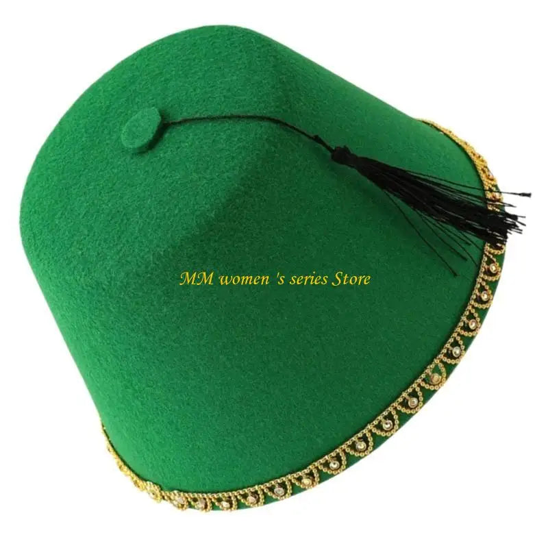 Q39C Men’s Fez Caps Moroccan Ottoman Fez Hat Turkish Hat Black Tassels Tarboosh Hat