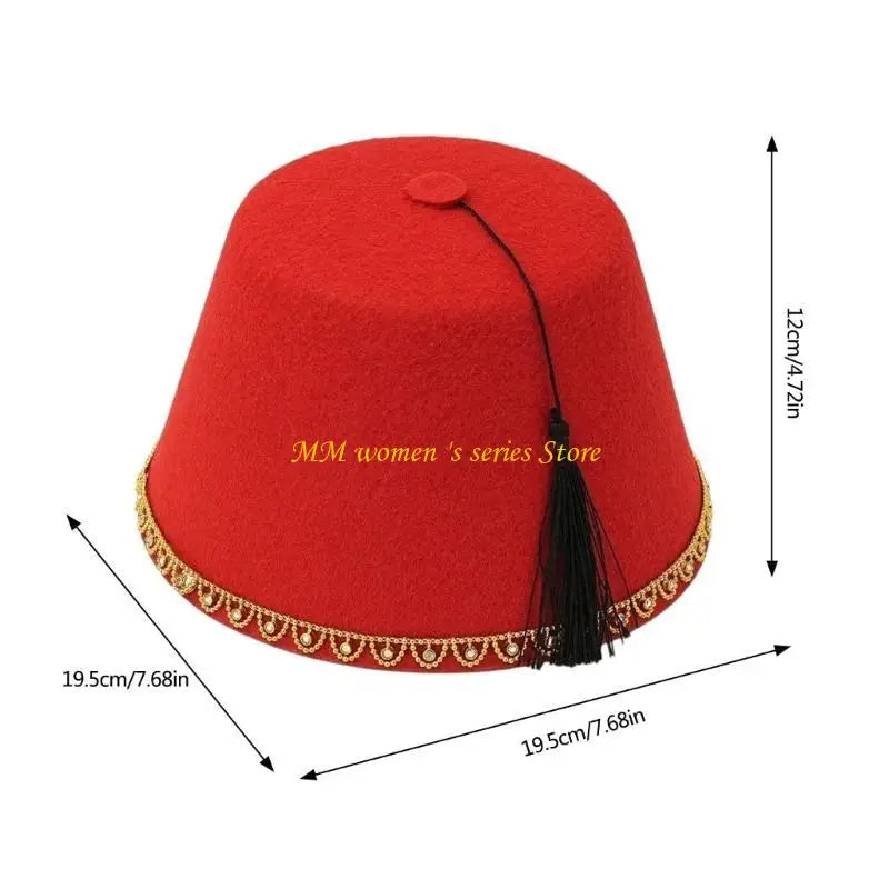 Q39C Men’s Fez Caps Moroccan Ottoman Fez Hat Turkish Hat Black Tassels Tarboosh Hat