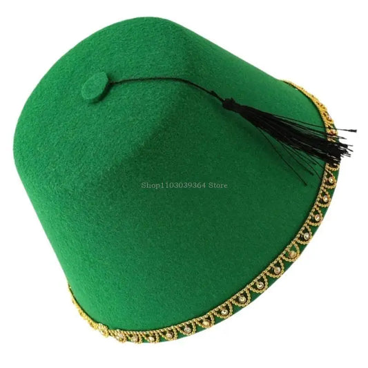 Men’s Moroccan Fez Hat Beaded Trim Turkish Hat Ottoman Tarboosh Hat with Black Tassels Ethnic Turkish Hat for Daily Wear