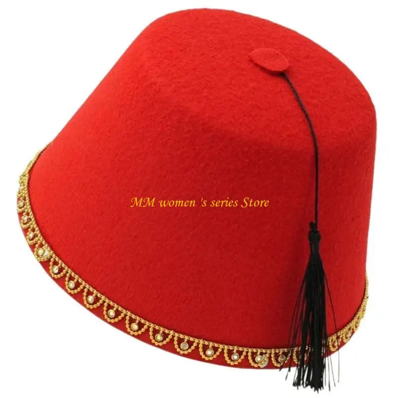 Q39C Men’s Fez Caps Moroccan Ottoman Fez Hat Turkish Hat Black Tassels Tarboosh Hat