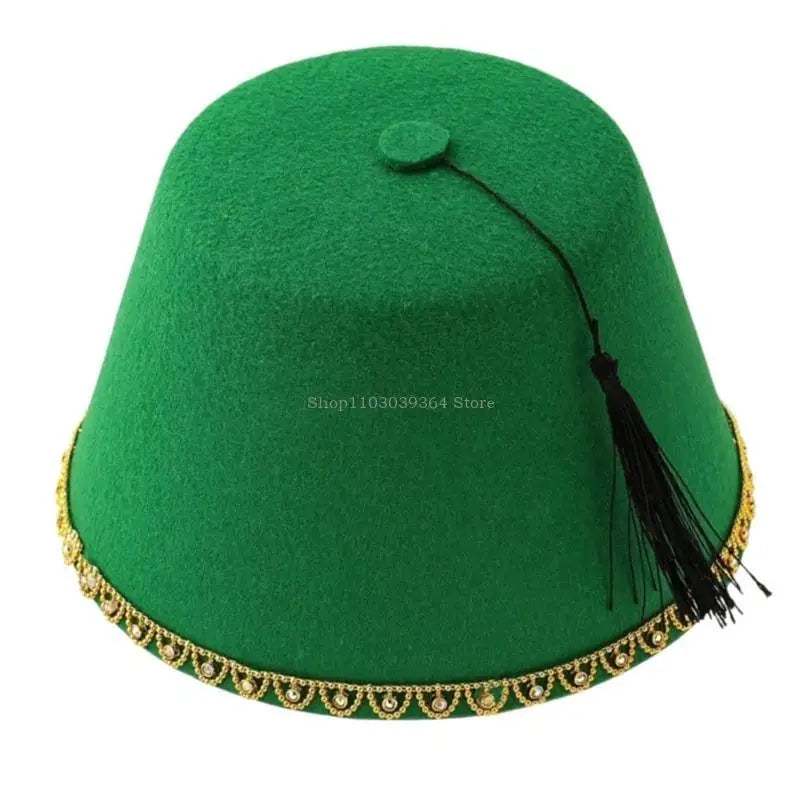 Men’s Moroccan Fez Hat Beaded Trim Turkish Hat Ottoman Tarboosh Hat with Black Tassels Ethnic Turkish Hat for Daily Wear