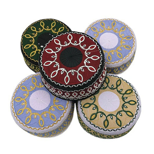 Fashion Embroidery Muslim Hat Men Prayer Worship Hats Casual Wedding Party Saudi Arabia Islamic Turban Cap 54-59  Flat-top Hat