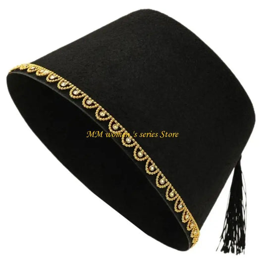 Q39C Men’s Fez Caps Moroccan Ottoman Fez Hat Turkish Hat Black Tassels Tarboosh Hat